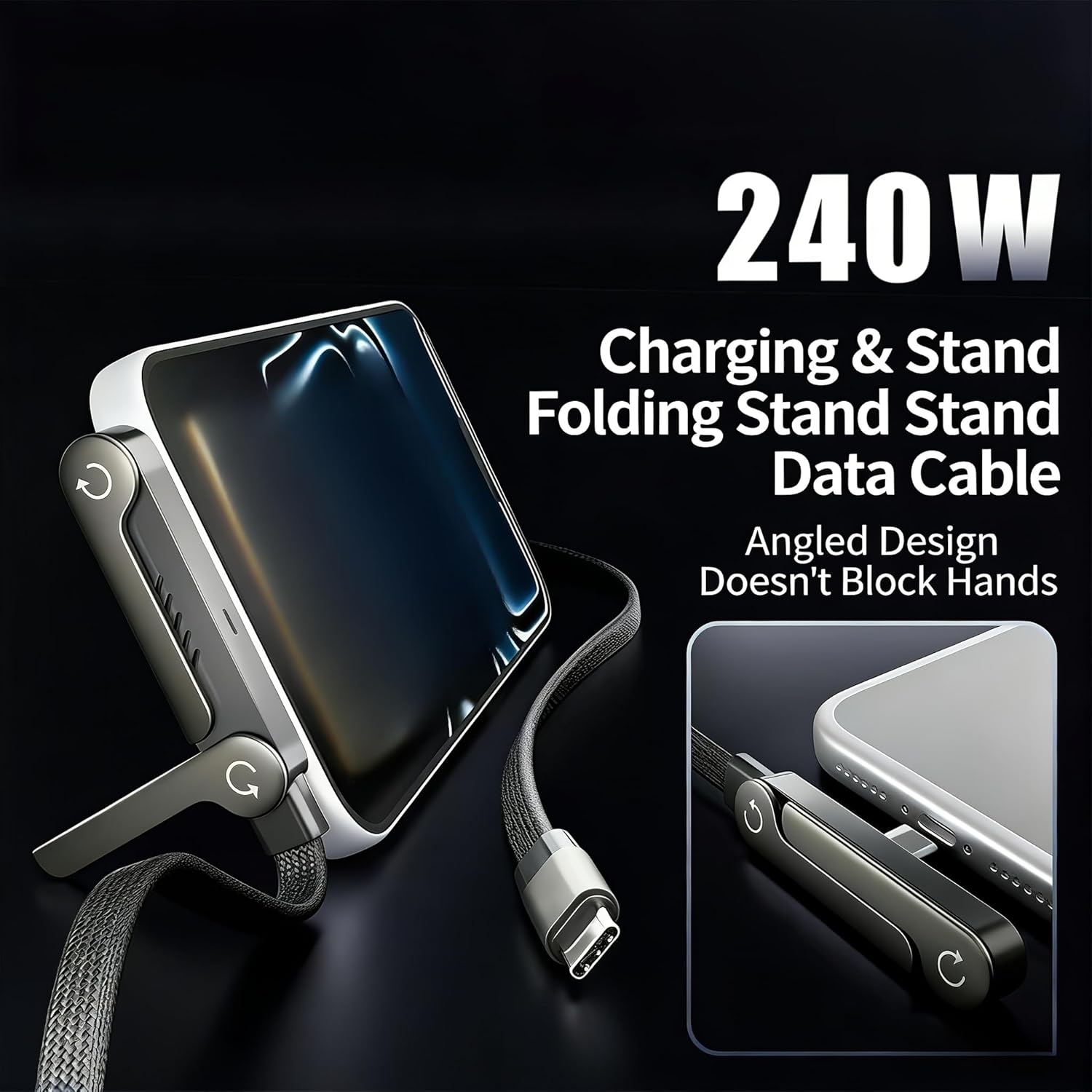 AXYON 240W USB-C braided cable with built-in foldable phone stand and 90° angled plug, shown upright holding a smartphone hands-free.