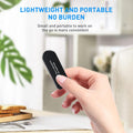 Hand holding a small black device with text about its portability.