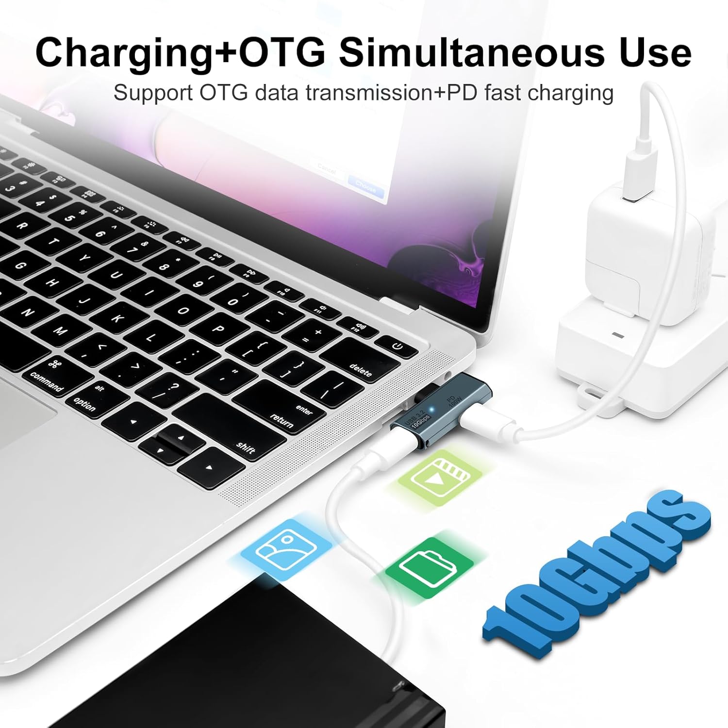 A laptop with a USB-C dongle plugged into its charging port, shown alongside a wall charger and a smartphone on a white background. Text at the top reads 'Charging+OTG Simultaneous Use' and 'Support OTG data transmission+PD fast charging.