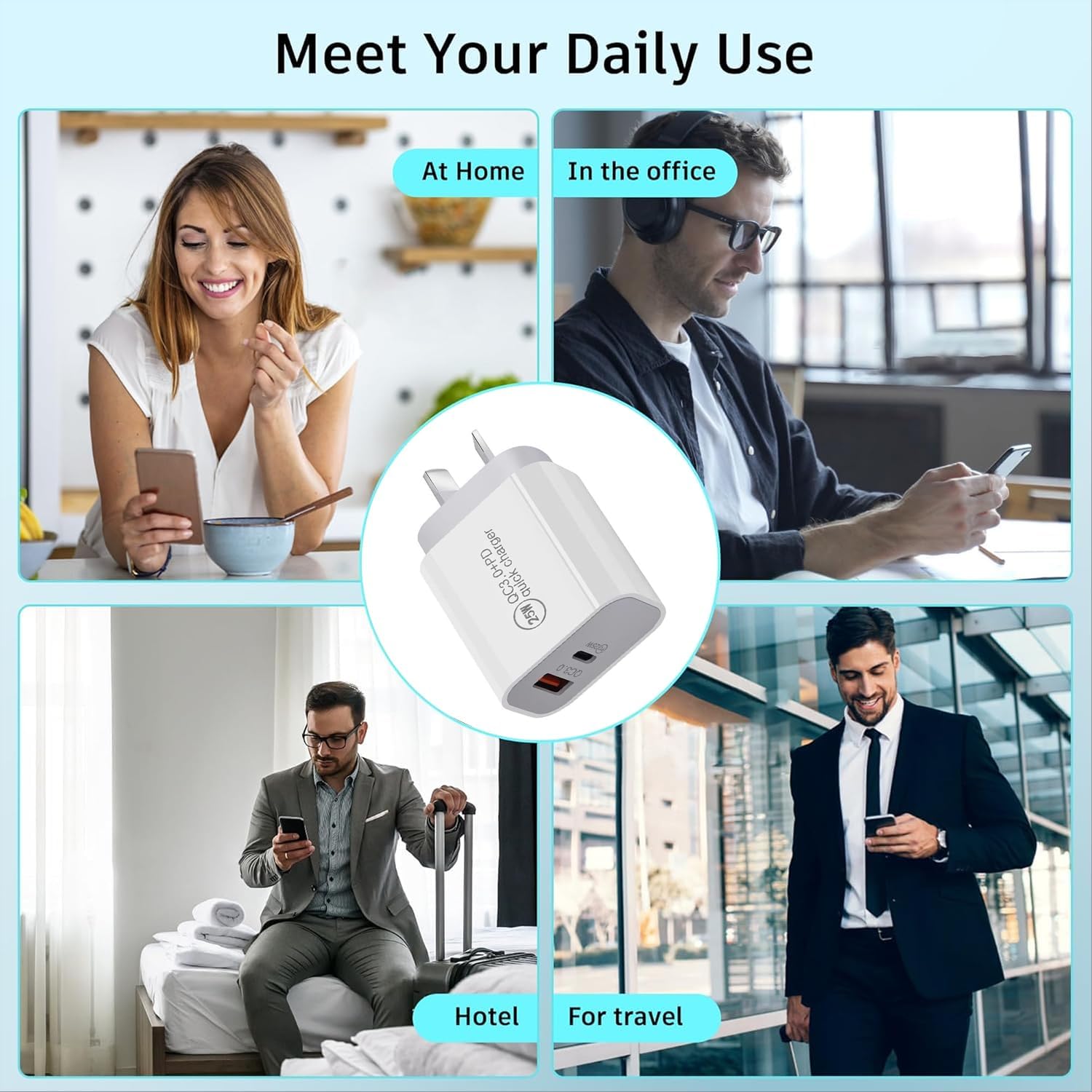 Collage of people using a smartphone with an inset of a white adapter labeled 'PowerPlant'. Scenarios include at home, in the office, hotel, and for travel.