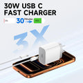 AXYON 30W USB-C fast charger charging iPhone from 0% to 75% in 30 minutes demonstrating rapid charging speed with phone and adapter