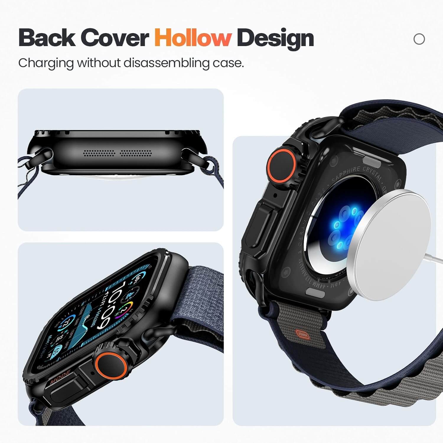 Smartwatch with back cover hollow design feature on a light gray background
