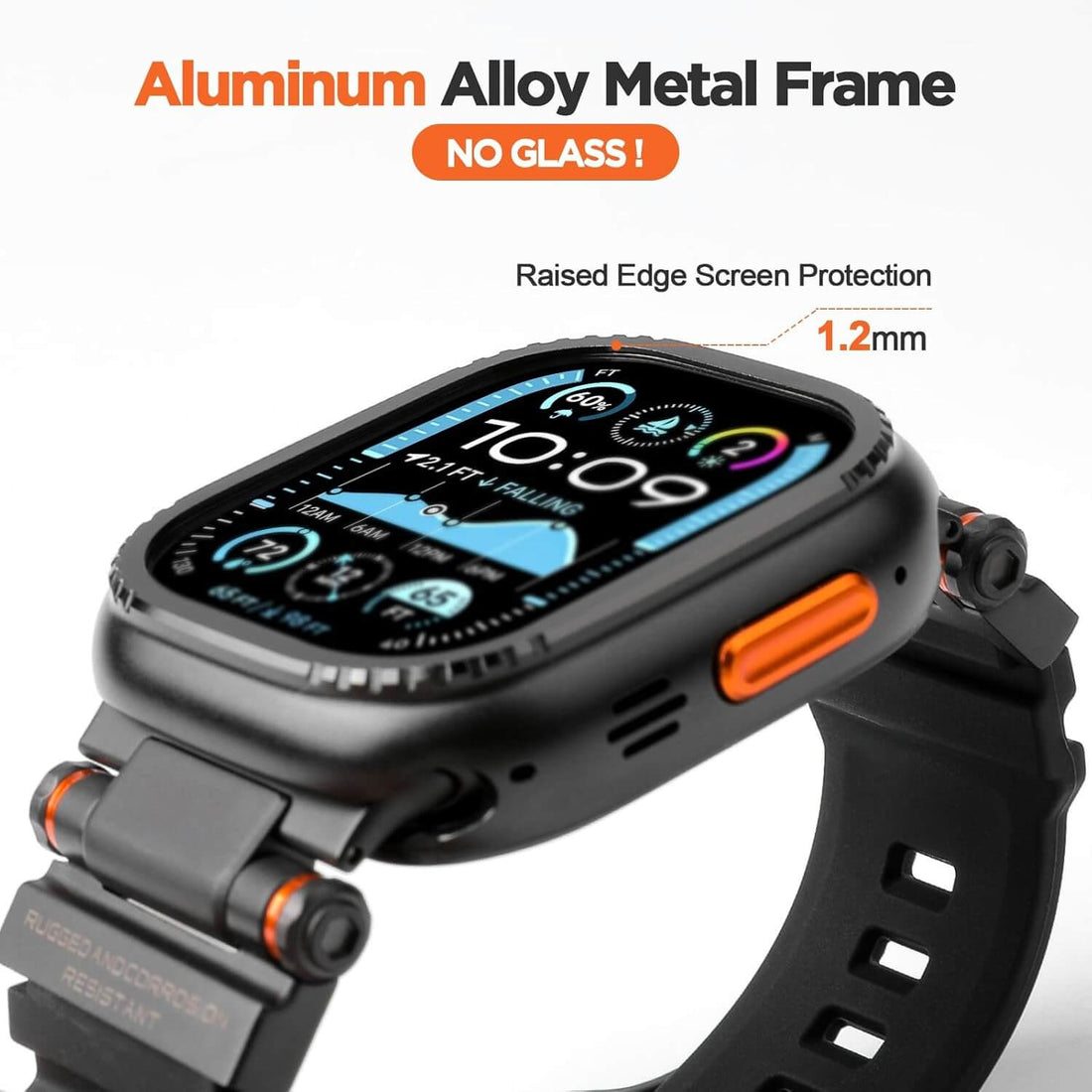 Smartwatch with display showing time and weather information, and back view with camera lens.