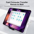 Tablet with file transfer interface on screen, connected to a hard drive or phone, with text 'Fast Computer Transfer Refuse to Wait'.