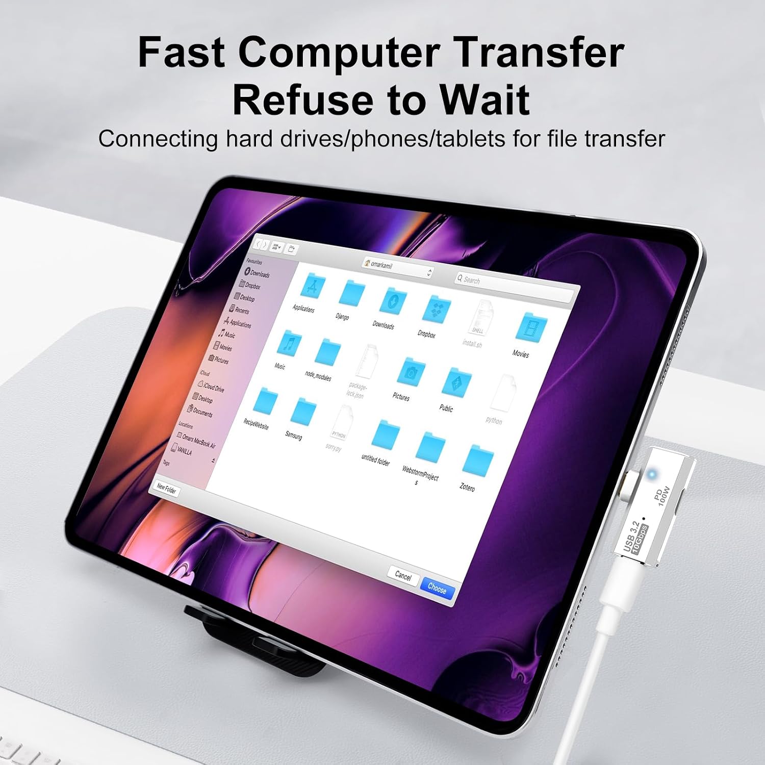 Tablet with file transfer interface on screen, connected to a hard drive or phone, with text 'Fast Computer Transfer Refuse to Wait'.