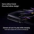 AXYON 240W USB-C cable with rounded 90° elbow design shown beside a gaming smartphone, highlighting hands-free play while charging.