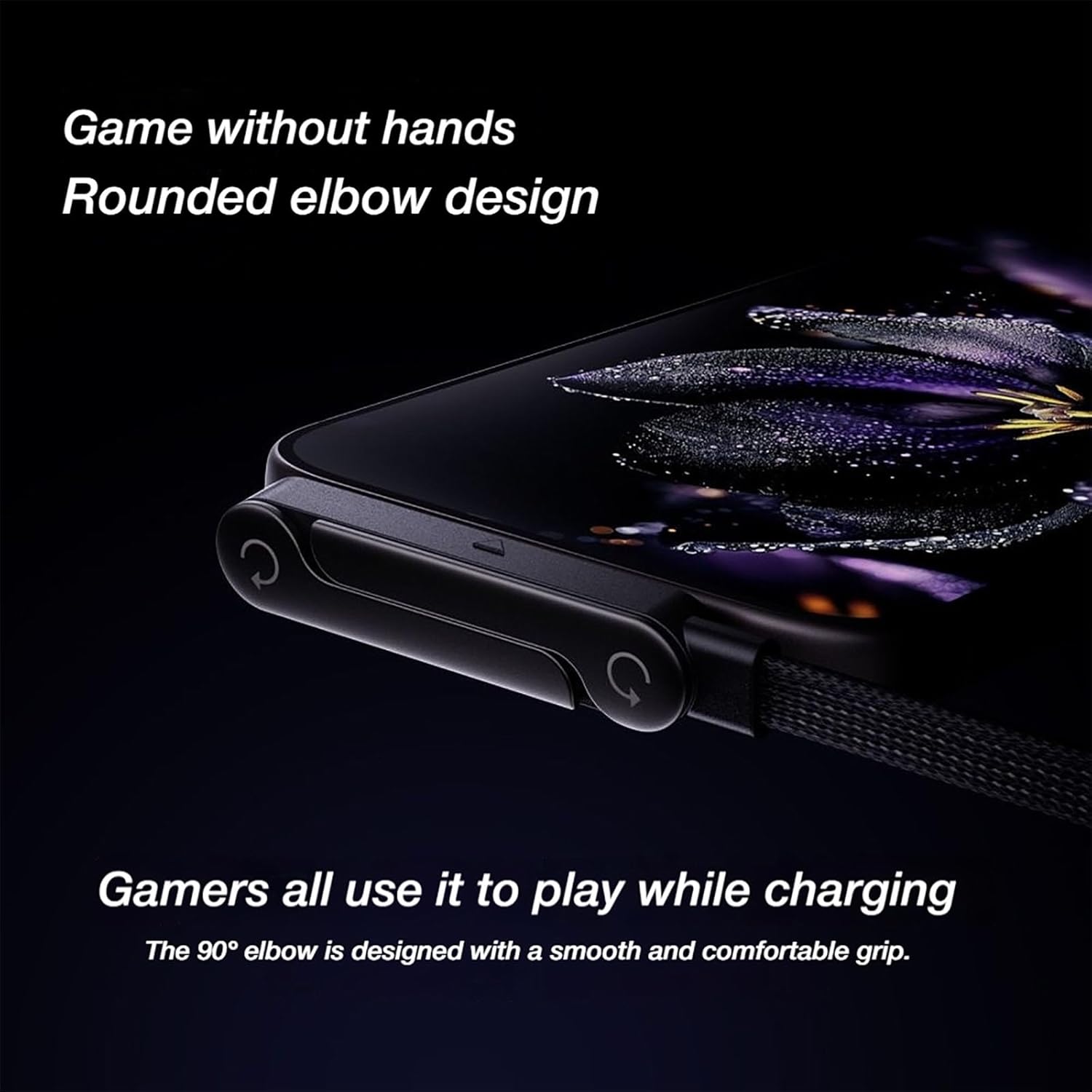 AXYON 240W USB-C cable with rounded 90° elbow design shown beside a gaming smartphone, highlighting hands-free play while charging.