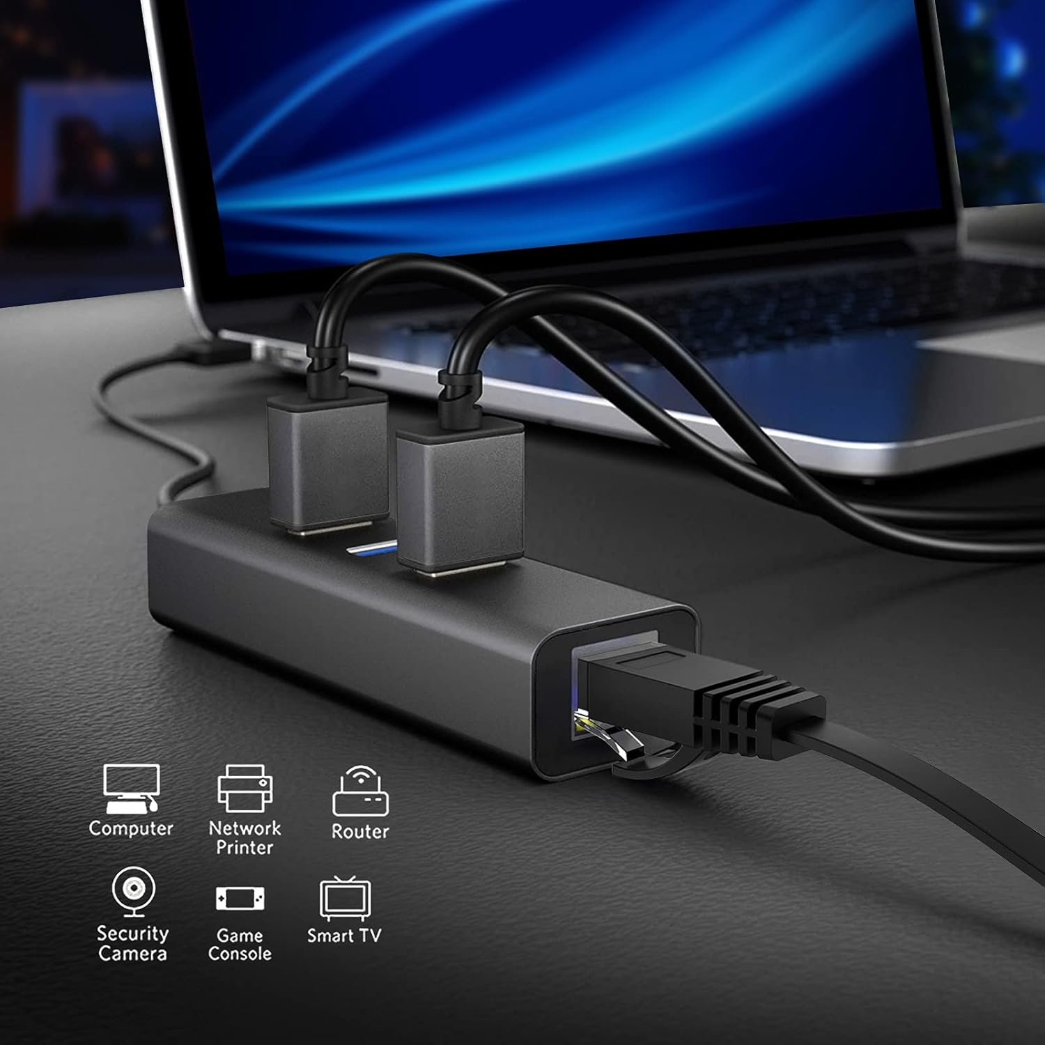 USB hub connected to a laptop on a dark surface with icons below.