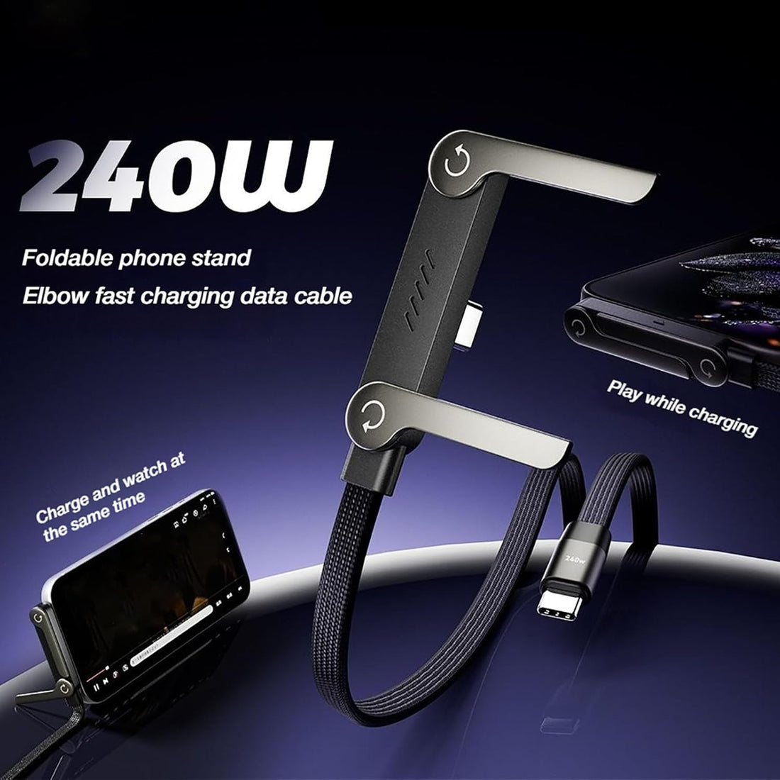 AXYON 240W USB-C braided cable with built-in foldable phone stand shown in multiple angles, propping up a smartphone for hands-free viewing while charging.