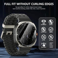 Smartwatch with a black band on a dark background, featuring text about screen protection technology.