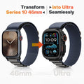 Smartwatch with a blue band on a white background, showing transformation text.