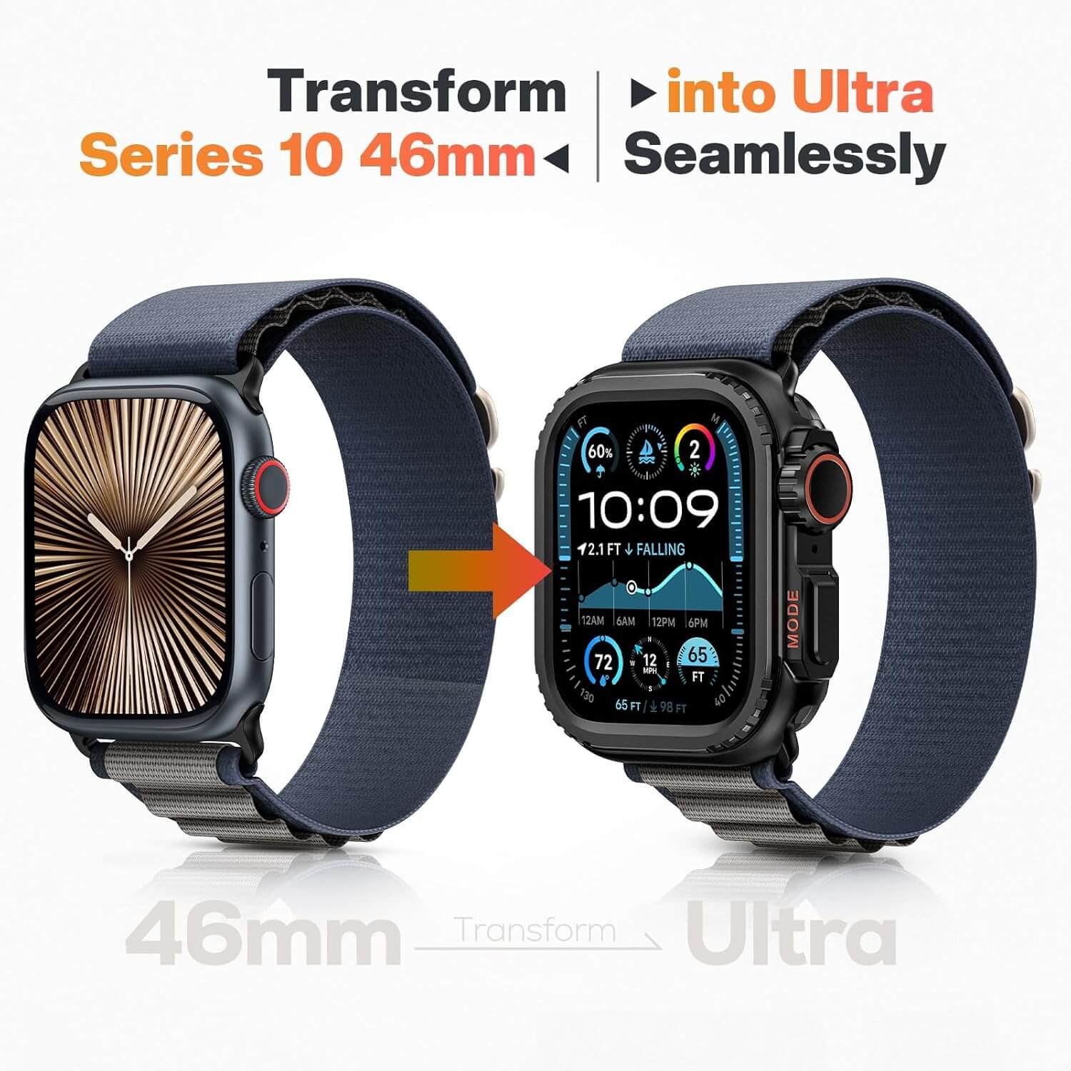 Smartwatch with a blue band on a white background, showing transformation text.