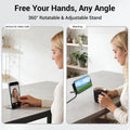 AXYON 240W USB-C cable with 360° rotatable foldable stand shown in two lifestyle scenes — vertical for video calls and landscape for hands-free watching.
