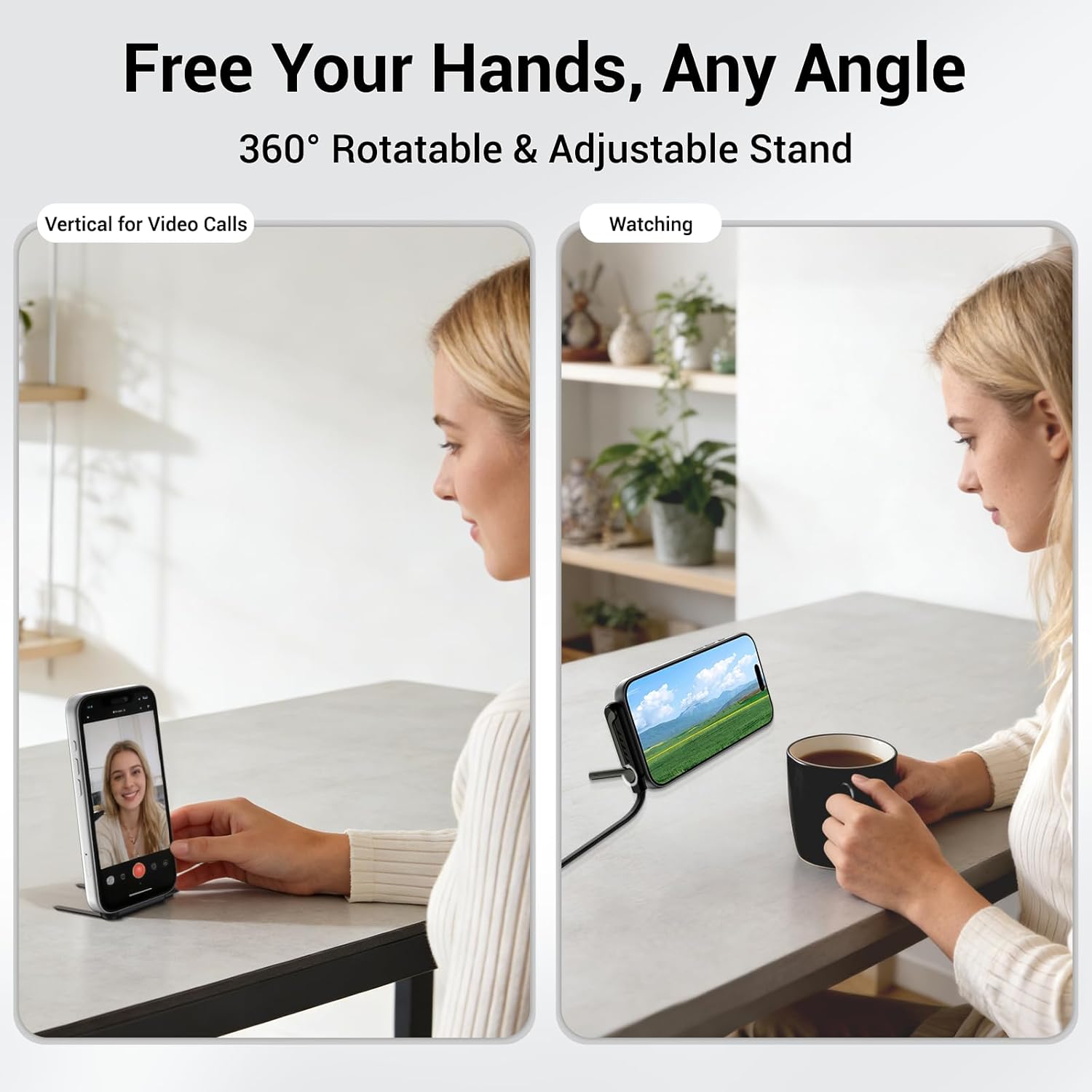 AXYON 240W USB-C cable with 360° rotatable foldable stand shown in two lifestyle scenes — vertical for video calls and landscape for hands-free watching.