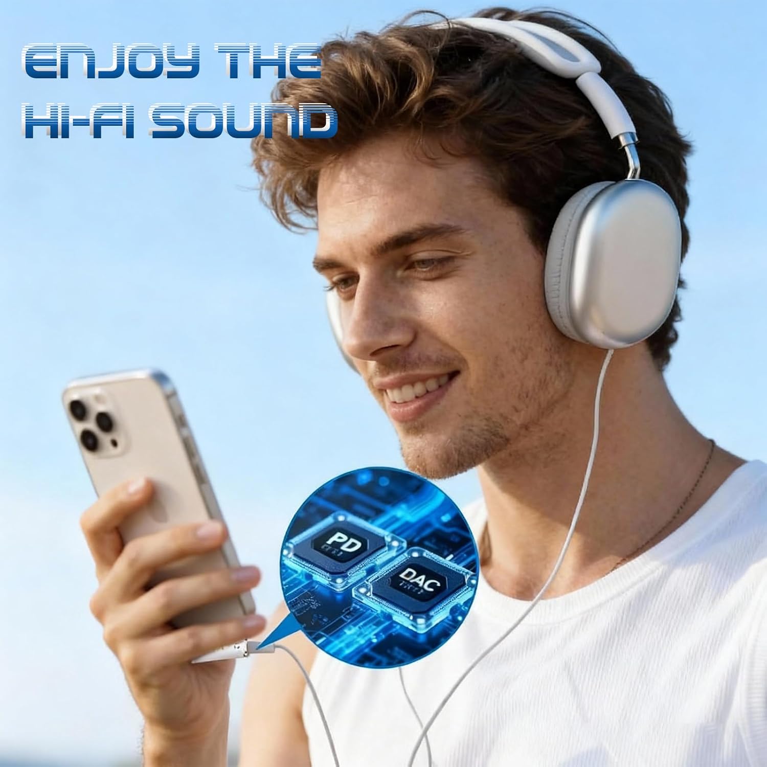 A smiling young man wearing white over-ear headphones and holding a smartphone outdoors against a blue sky background. Blue text at the top reads 'ENJOY THE HI-FI SOUND,' and a circular inset shows a close-up of a blue electronic chip labeled 'PD' and 'DAC.