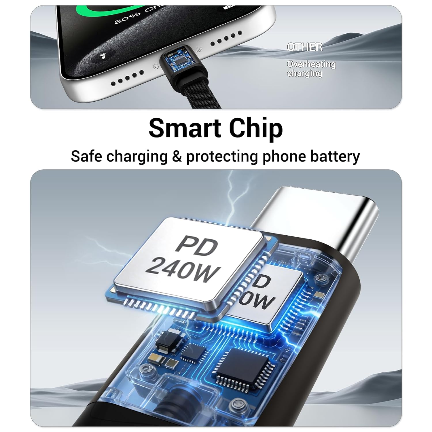 AXYON 240W USB-C cable smart chip close-up showing PD 240W safe charging technology that protects phone battery from overheating.