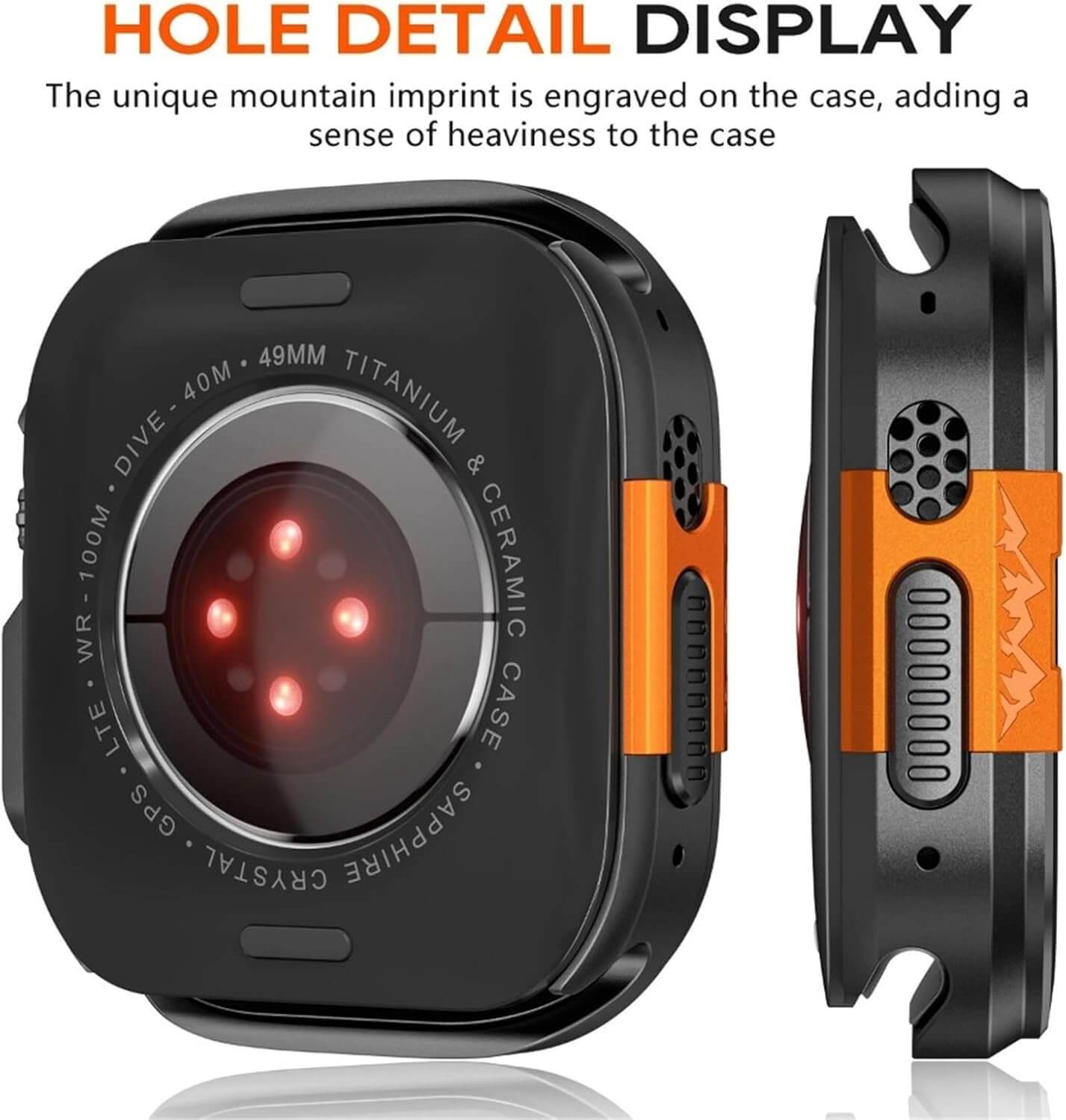 Black and orange case with engraved details on a white background