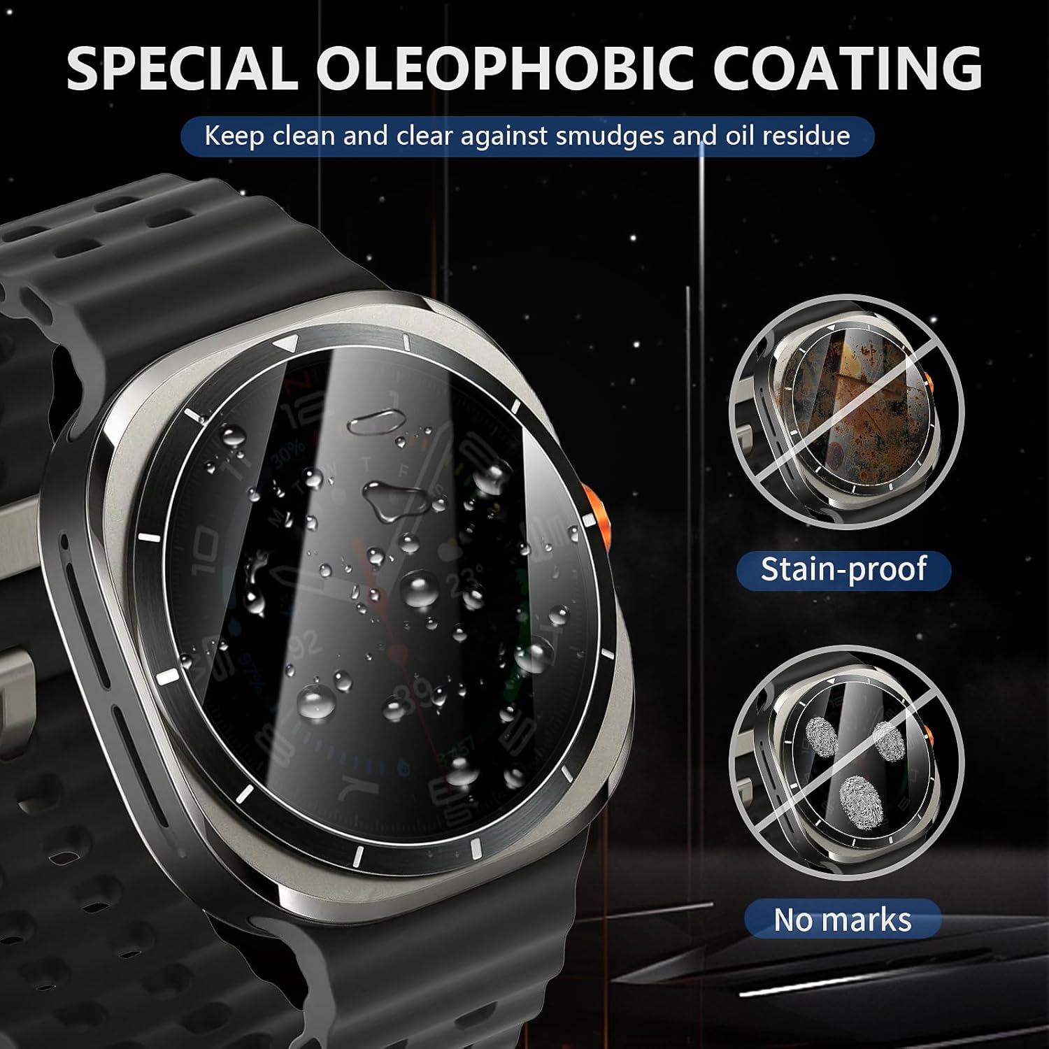 Smartwatch with oleophobic coating feature on a dark background