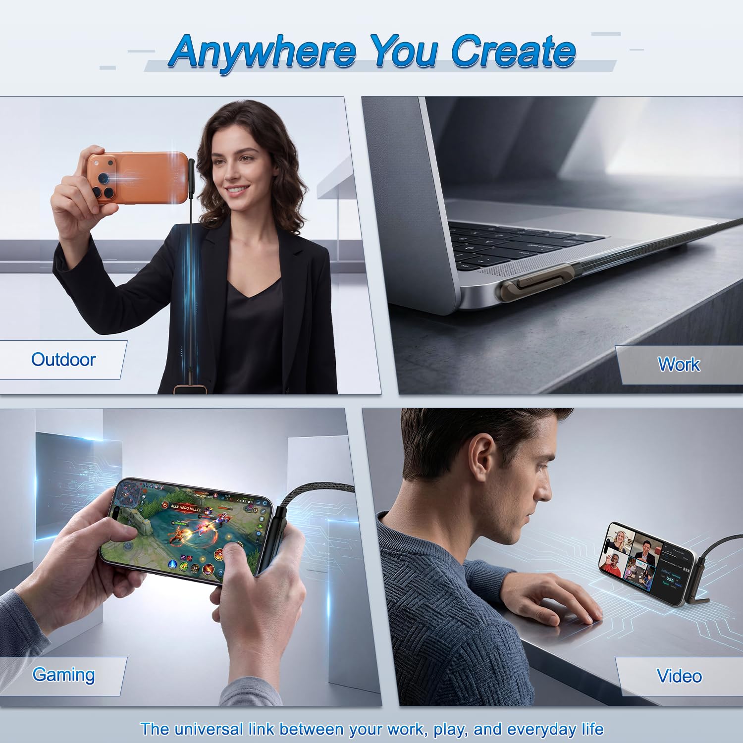 Collage of a woman taking a selfie, a laptop on a desk, a person playing a game on a phone, and a person watching video on a phone. Text 'Anywhere You Create' and 'The universal link between your work, play, and everyday life' is displayed.