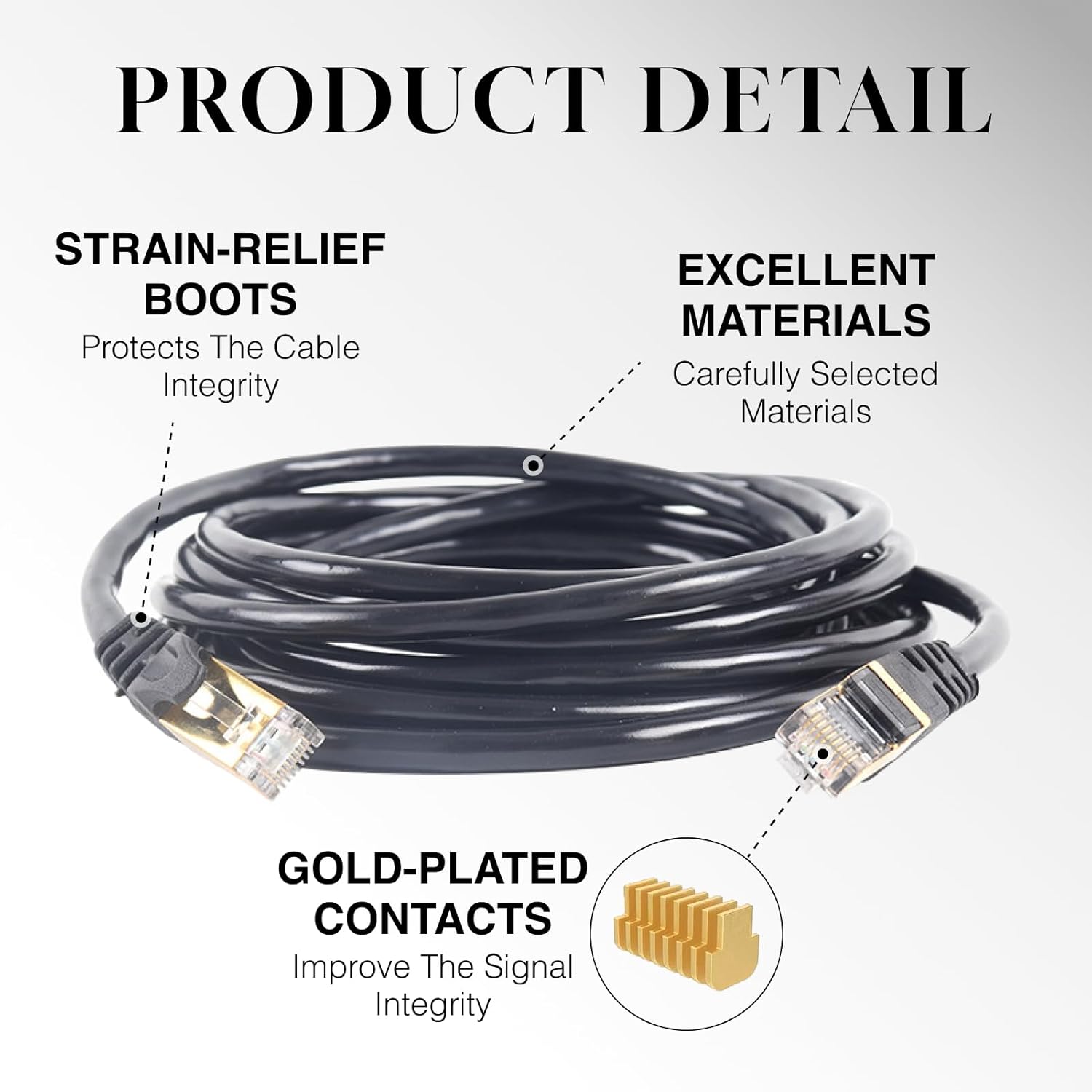 Ethernet cable with strain-relief boots, gold-plated contacts, and excellent materials on a white background.