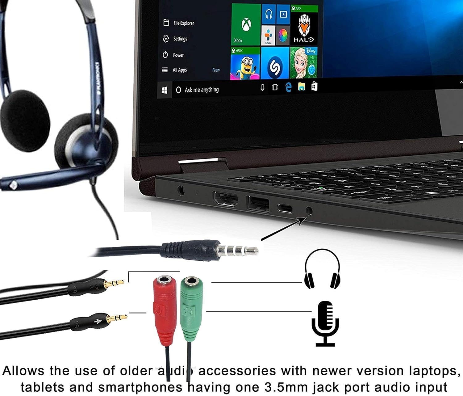 AXYON Y-adapter splitter cable for older laptops and PCs with separate audio and mic jacks