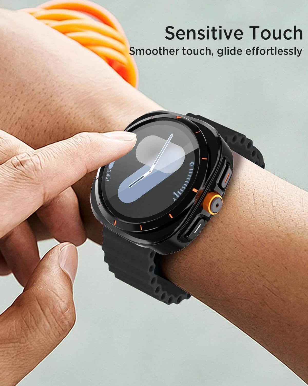 Smartwatch on a wrist with text 'Sensitive Touch' and 'Smoother touch, glide effortlessly'.