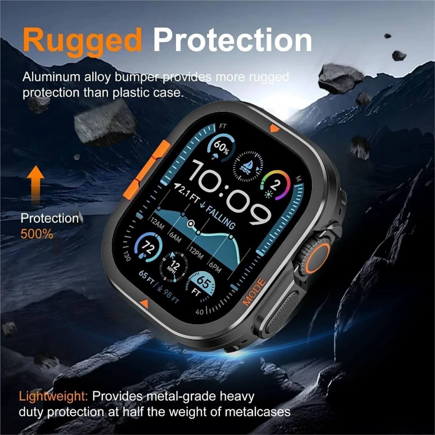 Smartwatch with rugged protection features on a mountainous background