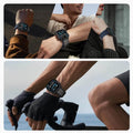 Smartwatch being worn by a person in various settings, including close-up of watch face and person exercising.