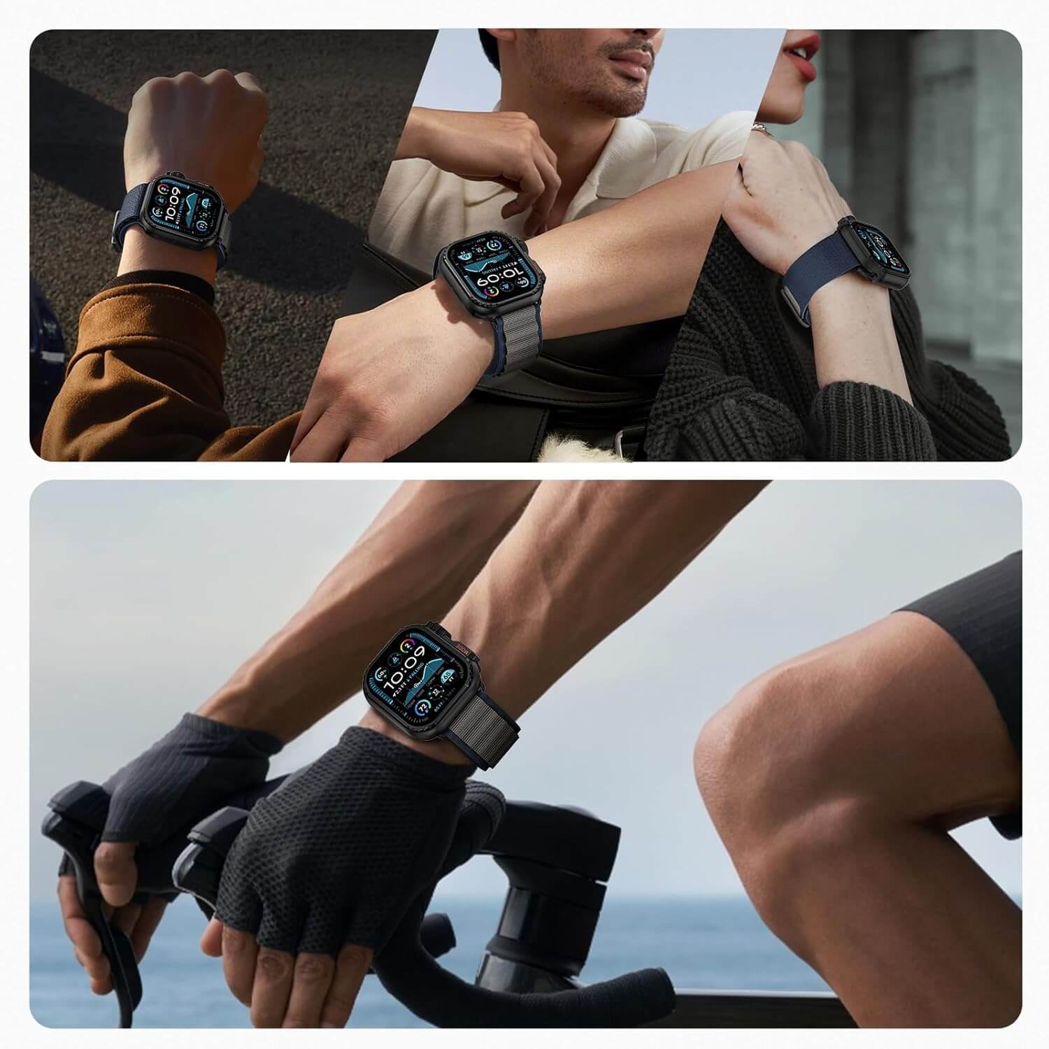Smartwatch being worn by a person in various settings, including close-up of watch face and person exercising.