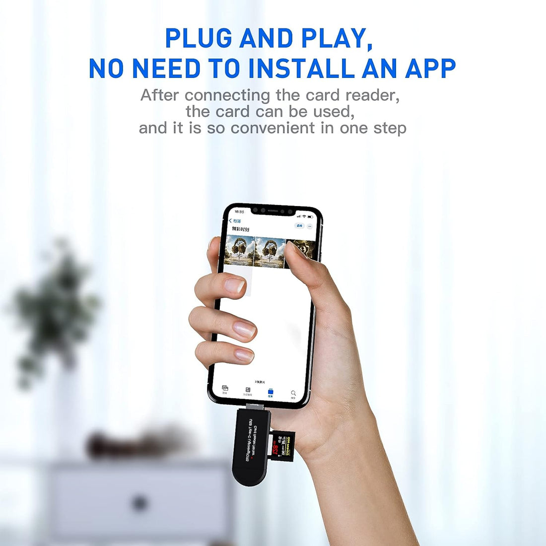 Black USB card reader with microSD, SD, and CF cards on a white background