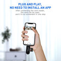 Hand holding a smartphone with a card reader attached, displaying text about plug-and-play functionality.