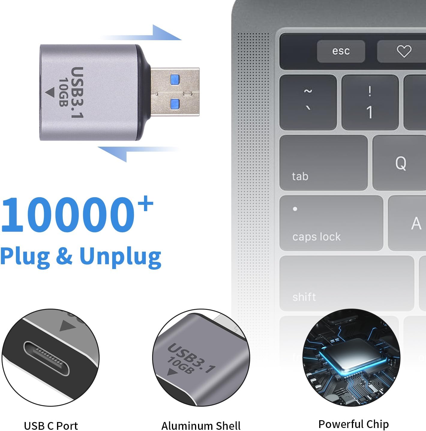 USB flash drive with laptop keyboard, USB C port, aluminum shell, and powerful chip details.