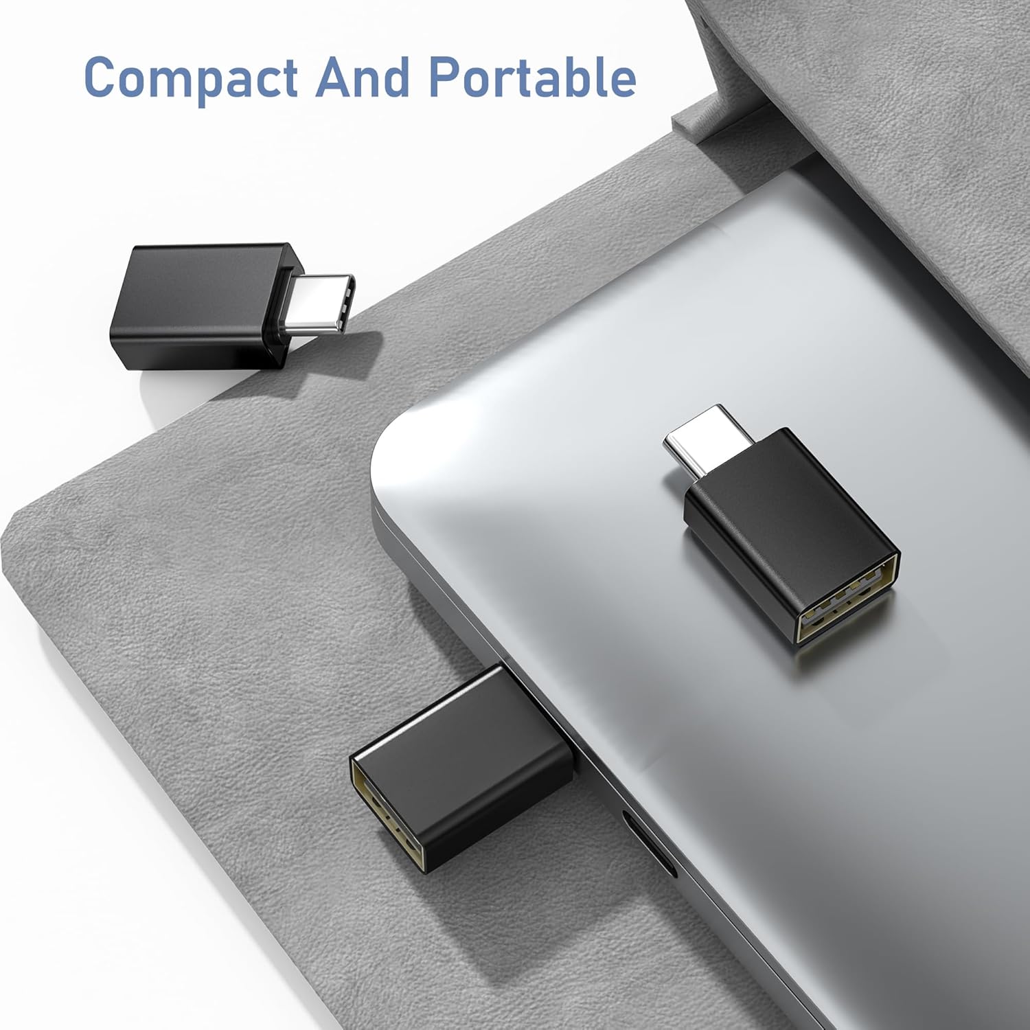 AXYON USB-C to USB-A 3.0 OTG Adapter 3-Pack in Space Grey aluminum – three adapters arranged showing durable construction with textured finish for high-speed 5Gbps data transfer and universal charging compatibility across devices