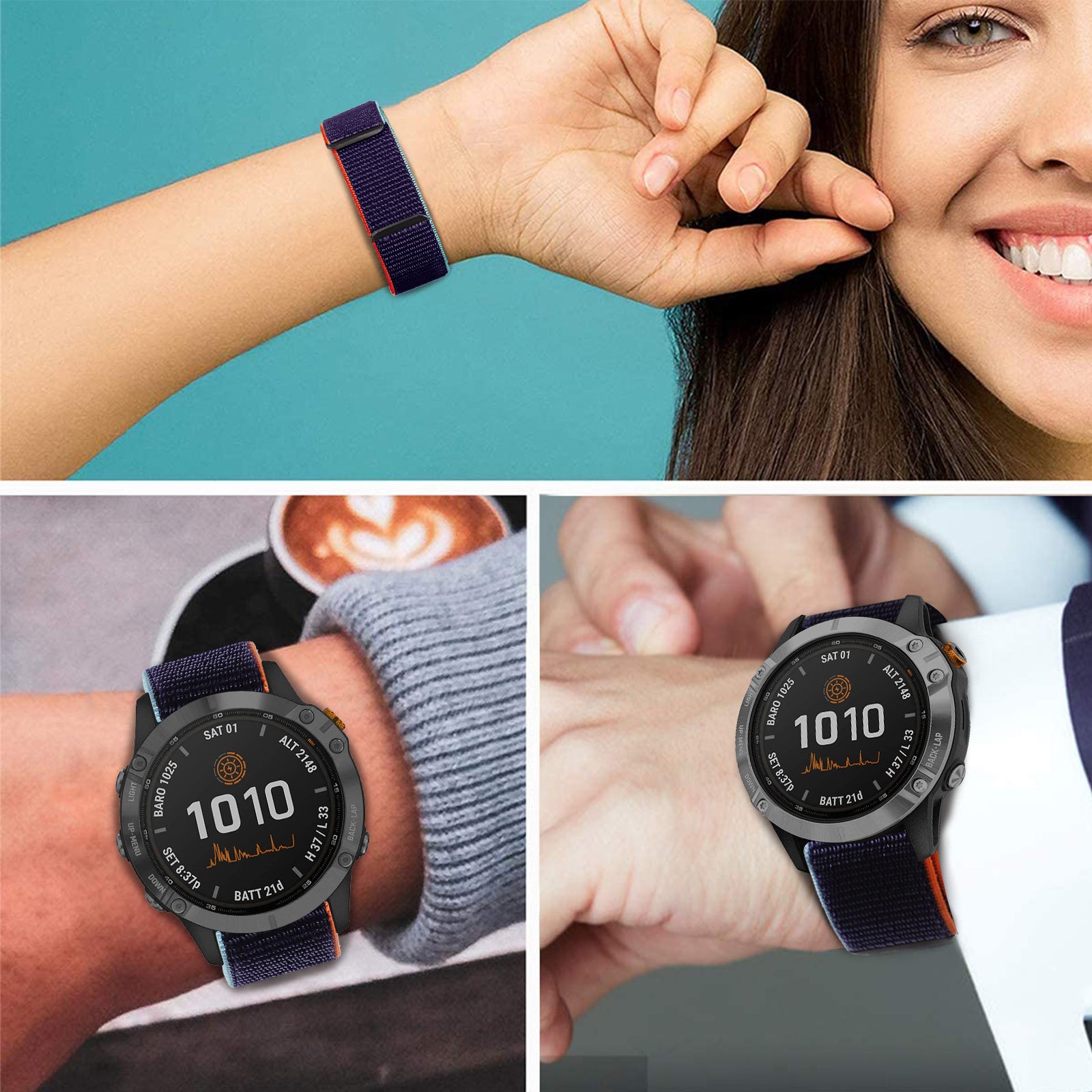 Collage of a person wearing a smartwatch with a blue strap, smiling, and holding a coffee.