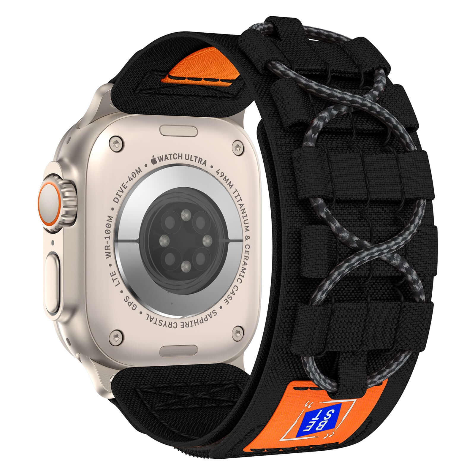 Smartwatch with a black and orange strap on a white background