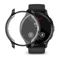 AXYON® black tempered glass and PC bumper case installed on Garmin Venu 3 smartwatch with black band, showing product fit and front view