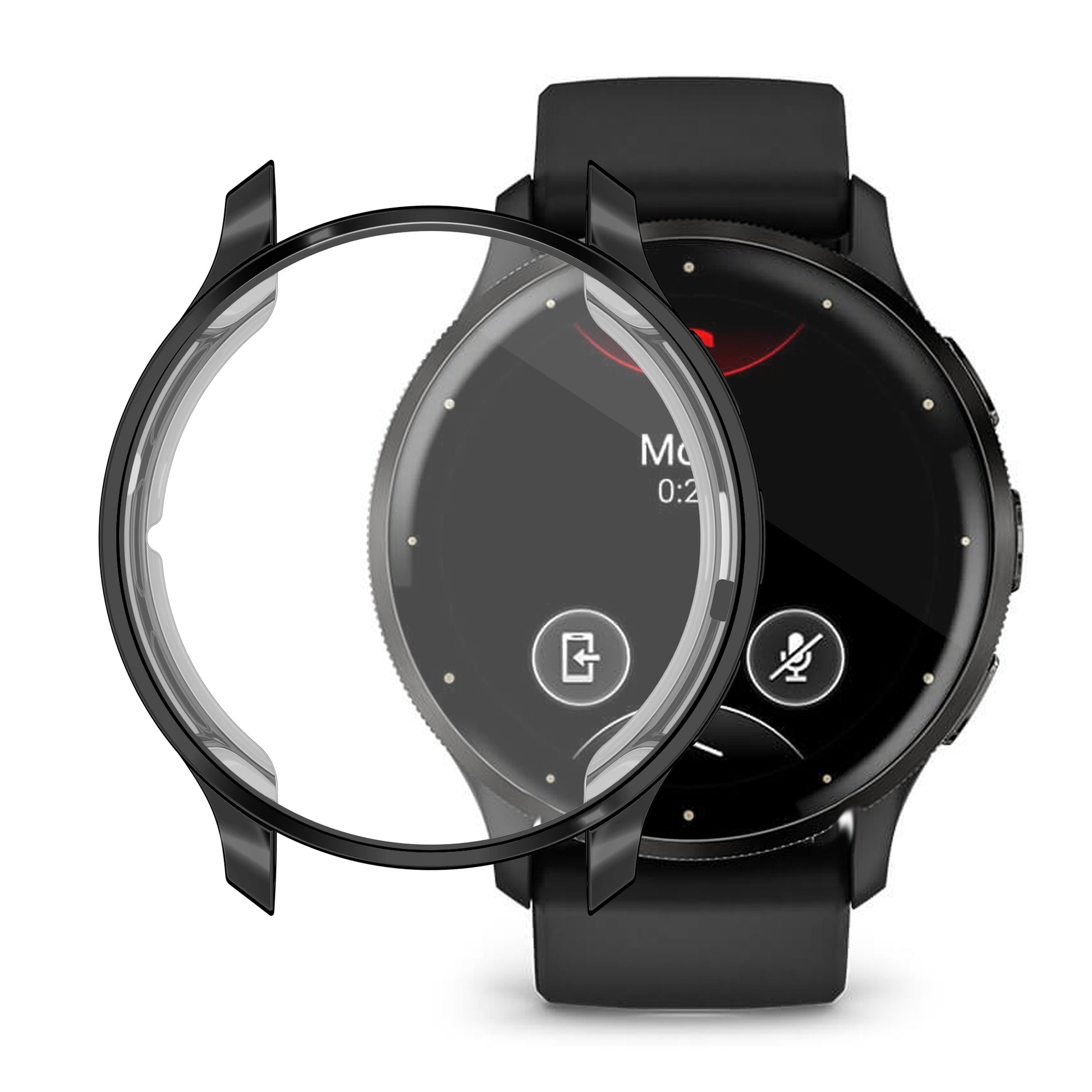 AXYON® black tempered glass and PC bumper case installed on Garmin Venu 3 smartwatch with black band, showing product fit and front view