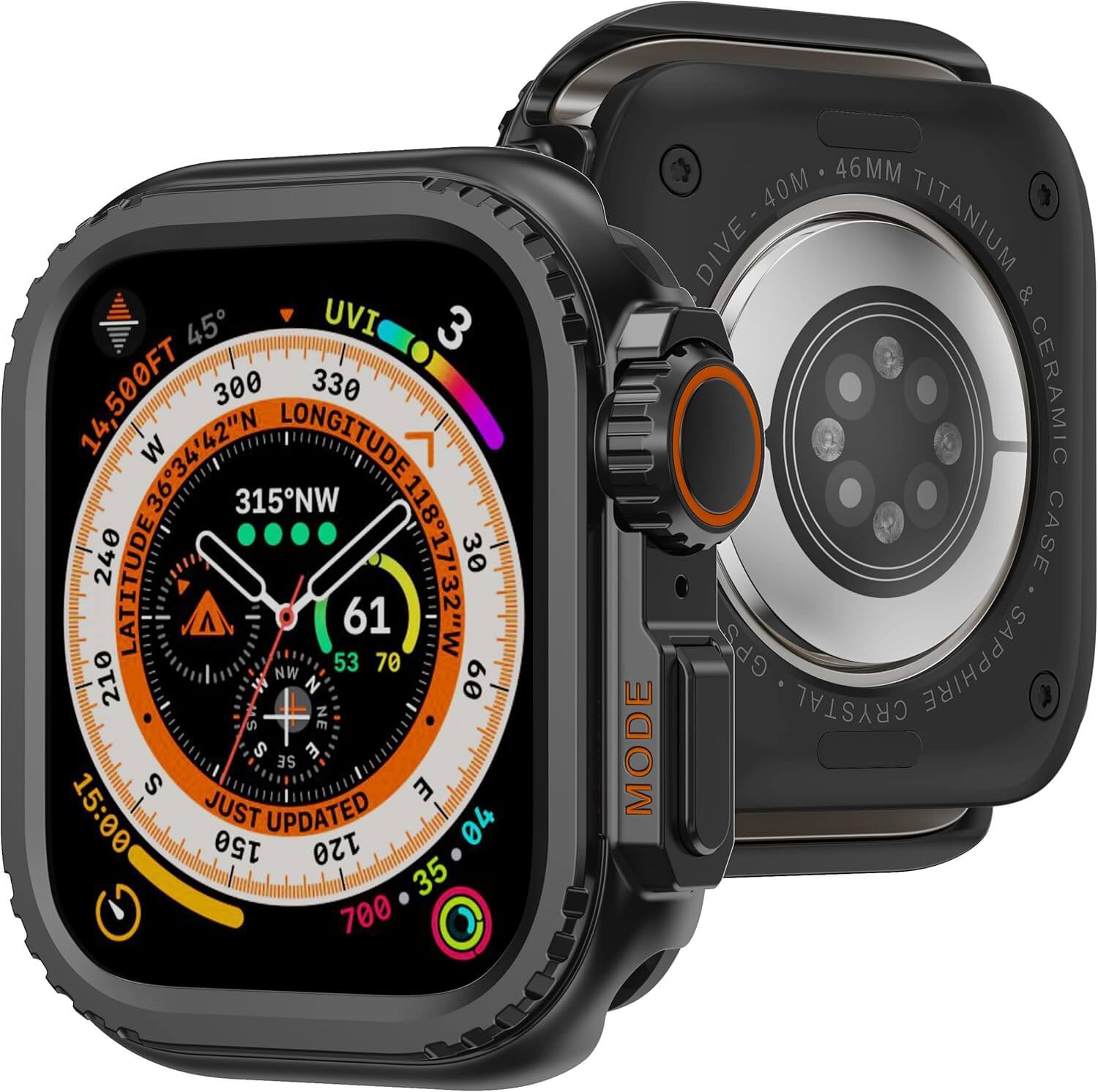 Smartwatch with detailed display and case on a white background