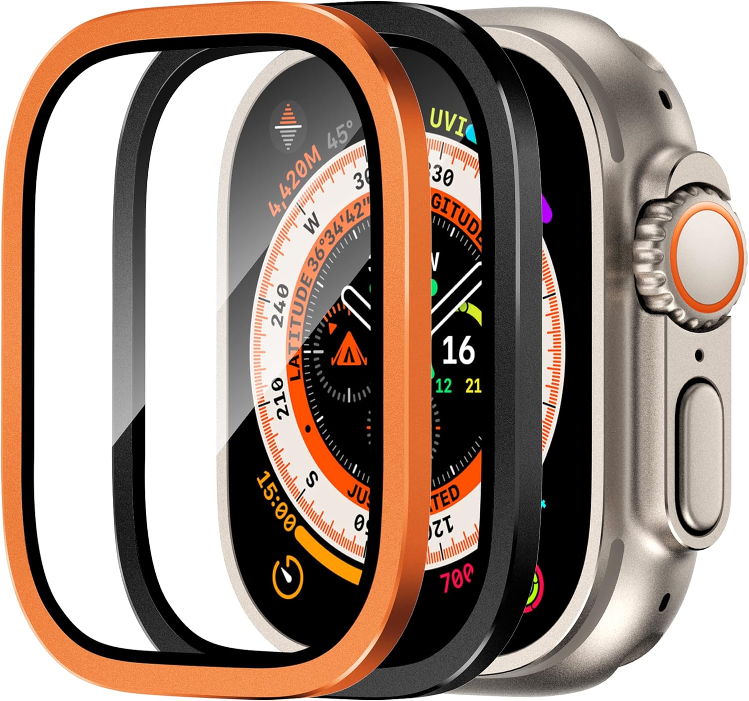 Smartwatch with protective screen covers on a white background