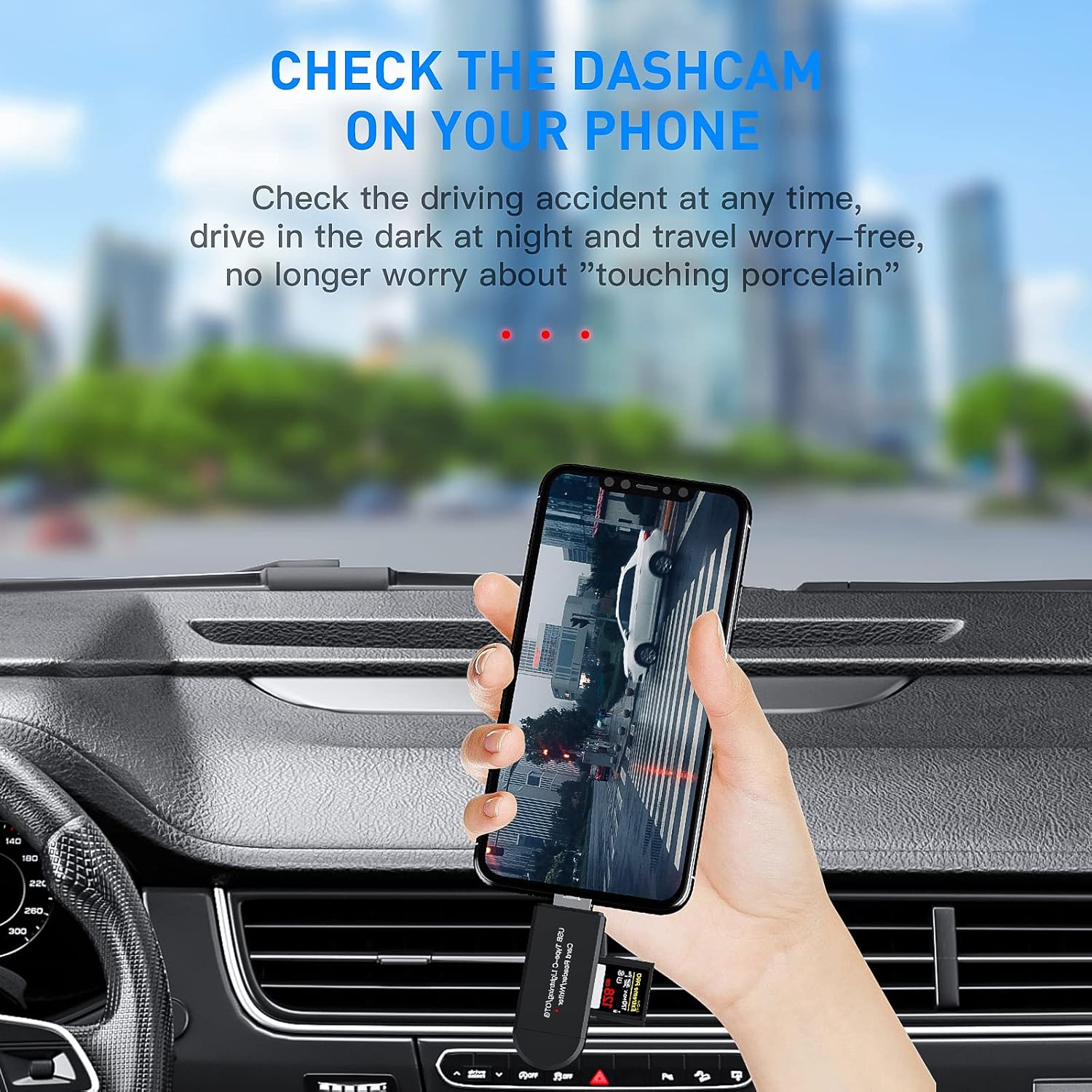 Person using a smartphone with a dashcam mount inside a car, with a cityscape in the background.
