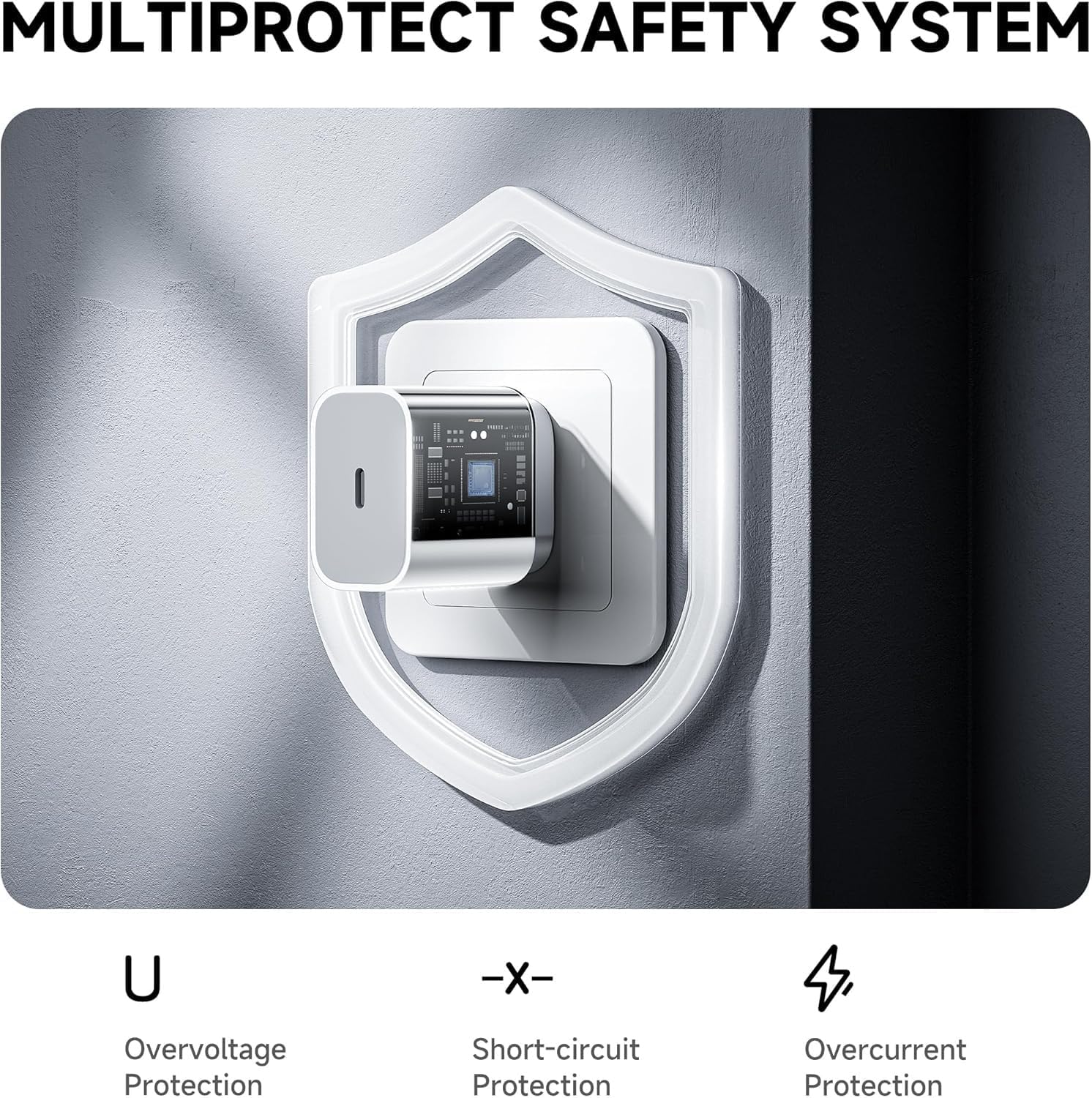 A smart home safety plug cover mounted on a wall, shown with a white charging adapter inserted. The image includes the text 'MULTIPROTECT SAFETY SYSTEM' at the top and feature icons for overvoltage, short-circuit, and overcurrent protection at the bottom.