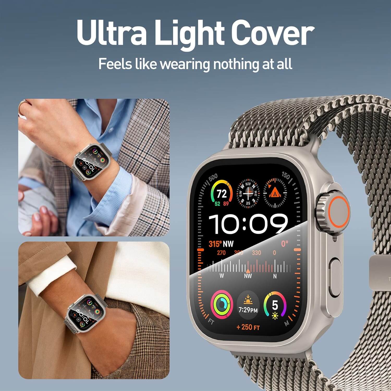 Smartwatch with ultra-light cover worn on wrist, showing time and various icons.