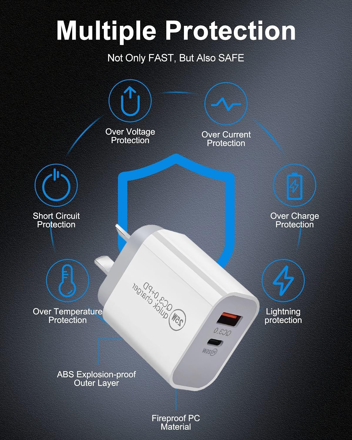 White charging adapter with safety features on a dark background