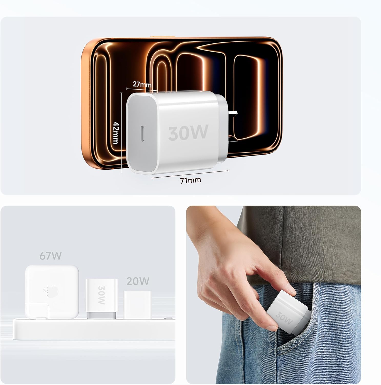 AXYON 30W charger compact size comparison showing 27mm x 47mm x 71mm dimensions, size vs 67W and 20W chargers, and pocket-sized portability