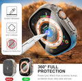 Smartwatch with protective case on a rugged background, showing scratch-resistant, anti-collision, and fingerprint reduction features.