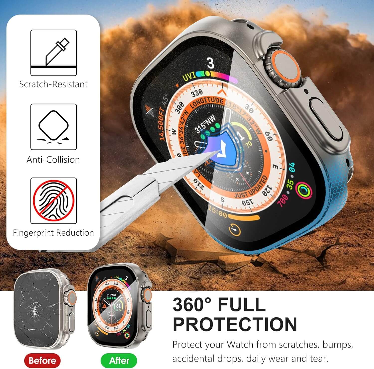 Smartwatch with protective case on a rugged background, showing scratch-resistant, anti-collision, and fingerprint reduction features.