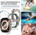 Smartwatch with waterproof case, shown being used in water and on a person.
