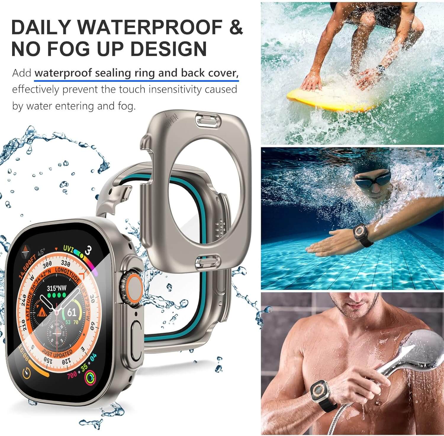 Smartwatch with waterproof case, shown being used in water and on a person.