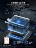 AXYON 30W charger safety guard technical diagram showing Type-C port, 30W power, QC 3.0, PD 3.0, dynamic temperature sensor, PD tech chip and SAA certification
