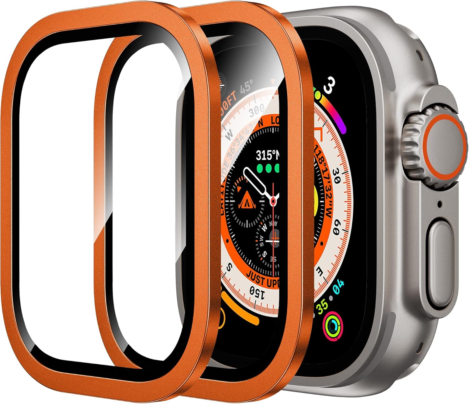 Smartwatch with an orange protective case on a white background